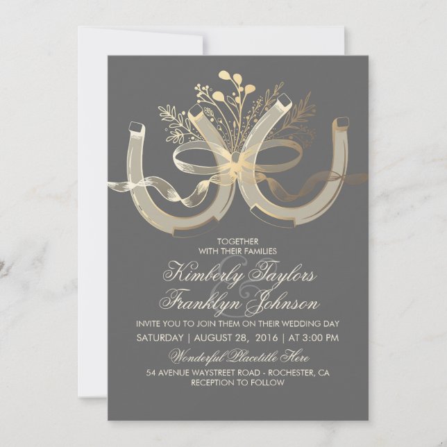 Invitation Rustic Country Horseshoe Gold et Grey Mariage (Devant)