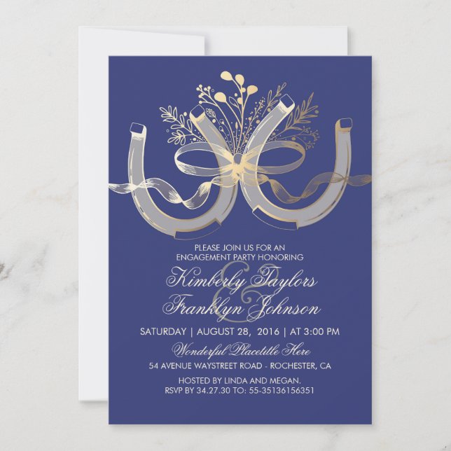 Invitation Rustic Country Horseshoes Gold Engagement Party (Devant)