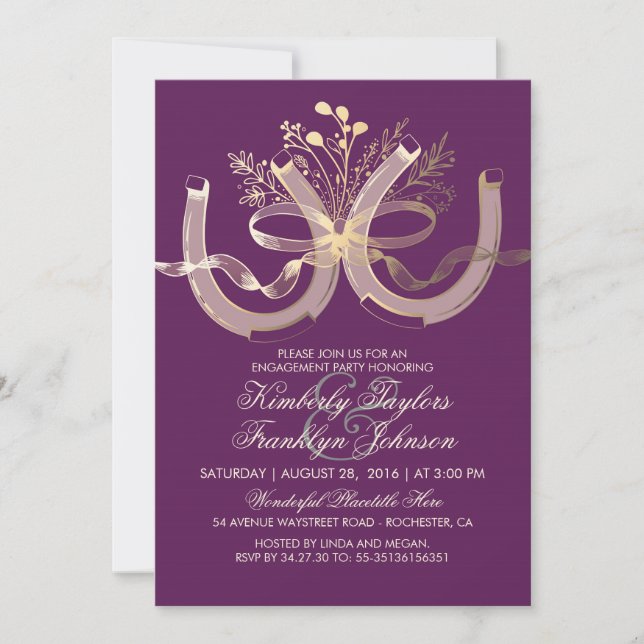 Invitation Rustic Country Horseshoes Gold Engagement Party (Devant)