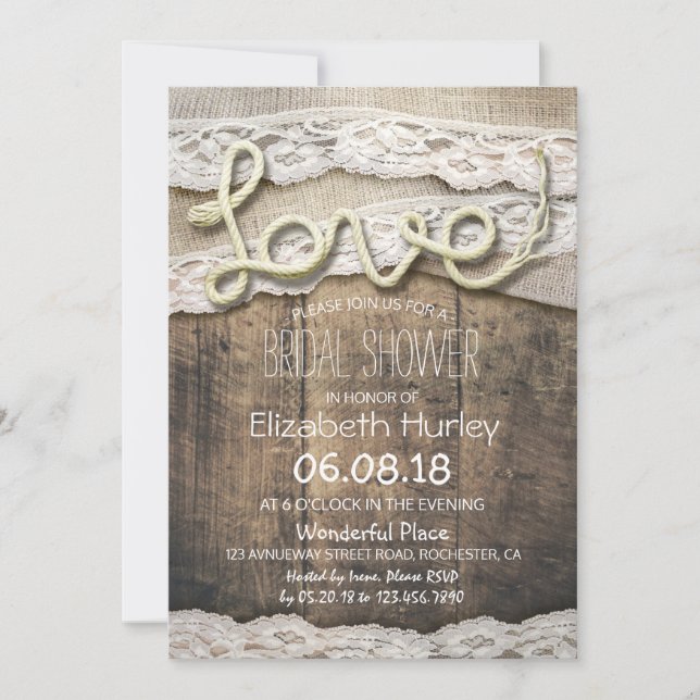 Invitation Rustic Country Love corde Burlap Fête des mariées  (Devant)