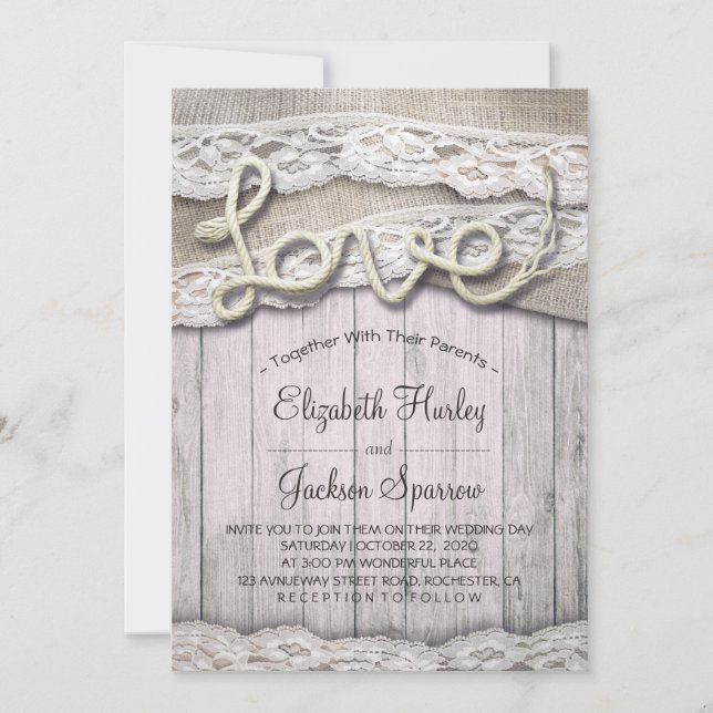Invitation Rustic Country Love Rope Burlap Lace Barn Mariage (Devant)