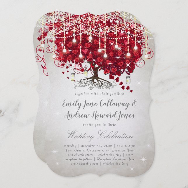 Invitation Rustic Country Mason Jar Rouge & Arbre Argent Mari (Devant / Derrière)