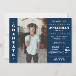 Invitation Rustic Country Navy Blue Gold Photo Graduation