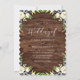 Invitation Rustic Country Navy & White Floral Wreath Mariage