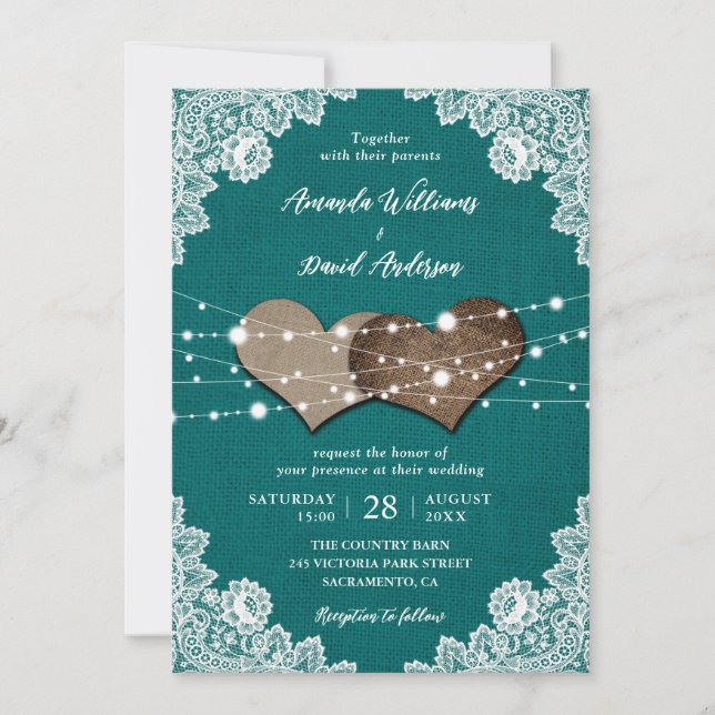 Invitation Rustic Country Turquoise Burlap Mariage dentelle (Devant)