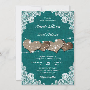Invitation Rustic Country Turquoise Burlap Mariage dentelle
