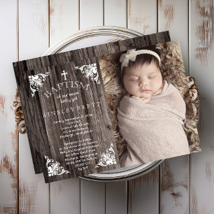 Invitation Rustic Country Wood Baby Girl Photo Baptême
