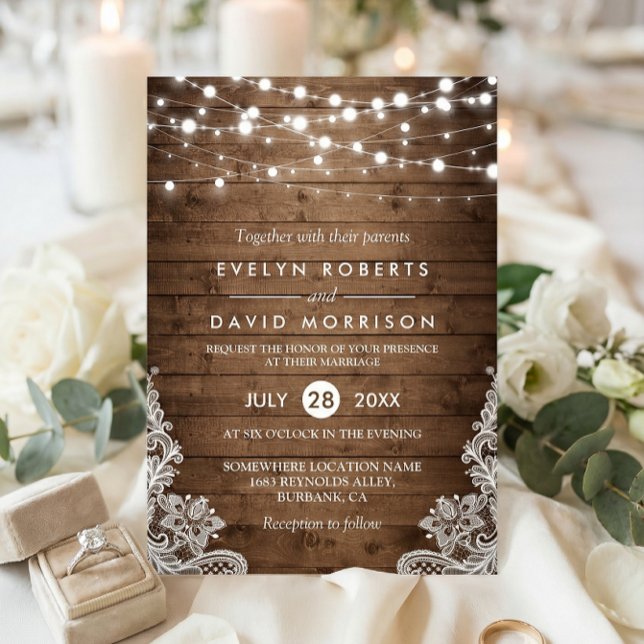 Invitation Rustic Country Wood Twinkle Mariage de dentelle (Créateur téléchargé)