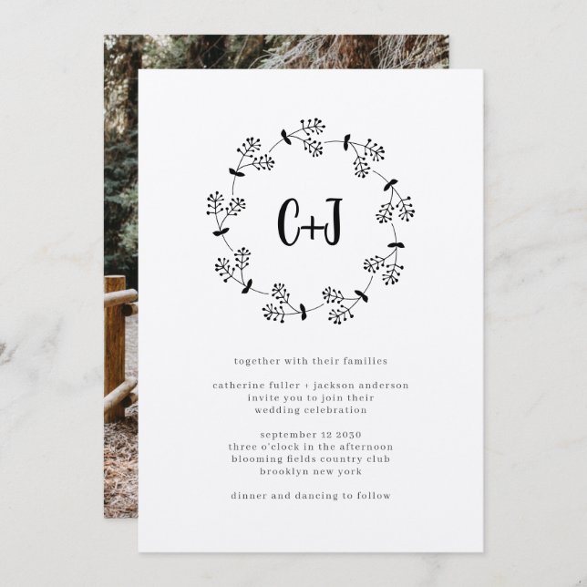 Invitation Rustic Country Wreath Photo Monogramme Chic Mariag (Devant / Derrière)