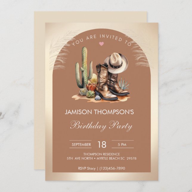 Invitation Rustic Cowboy Casquette et Bottes Aquarelle Annive (Devant / Derrière)