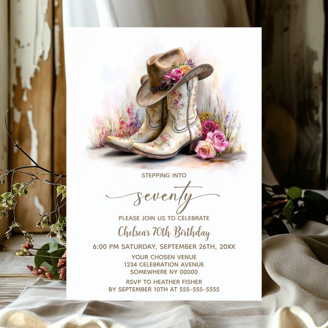 Invitation Rustic Cowgirl Boots and Hat 70th Birthday Party (Créateur téléchargé)