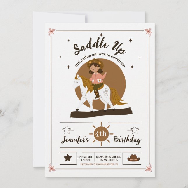 Invitation Rustic Cowgirl Saddle Up 4e anniversaire (Devant)