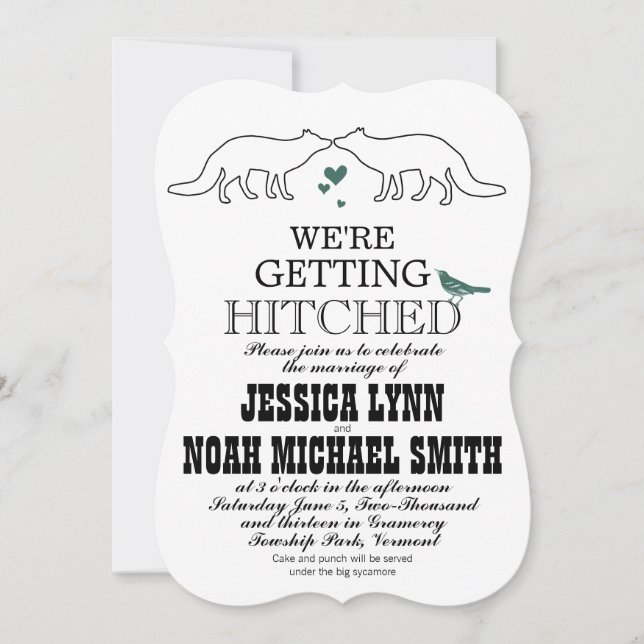 Invitation Rustic Cute Fox Romantic Green Hearts Mariage (Devant)