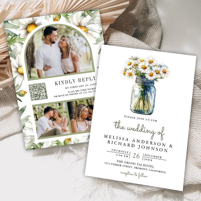 Invitation Rustic Daisies Floral Mason Jar QR Code Wedding (Créateur téléchargé)
