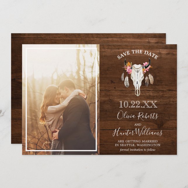 Invitation Rustic Dark Wood Antler Photo Enregistrer la date (Devant / Derrière)