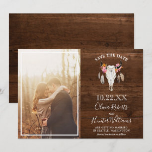 Invitation Rustic Dark Wood Antler Photo Enregistrer la date