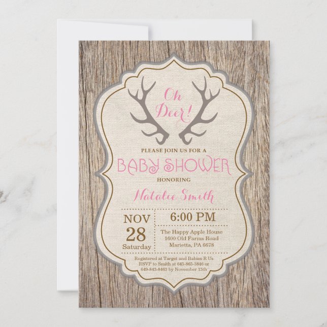 Invitation Rustic Deer Antler Oh Deer Girl Baby shower (Devant)