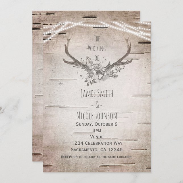 Invitation Rustic Deer Antlers & White Birch Vintage Wedding (Devant / Derrière)