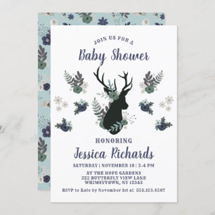 Invitation Rustic Deer Head Bleu Floral Baby shower moderne