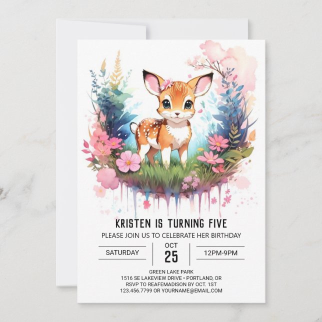 Invitation Rustic Deer Woodland Joy Girl Anniversaire Invitat (Devant)