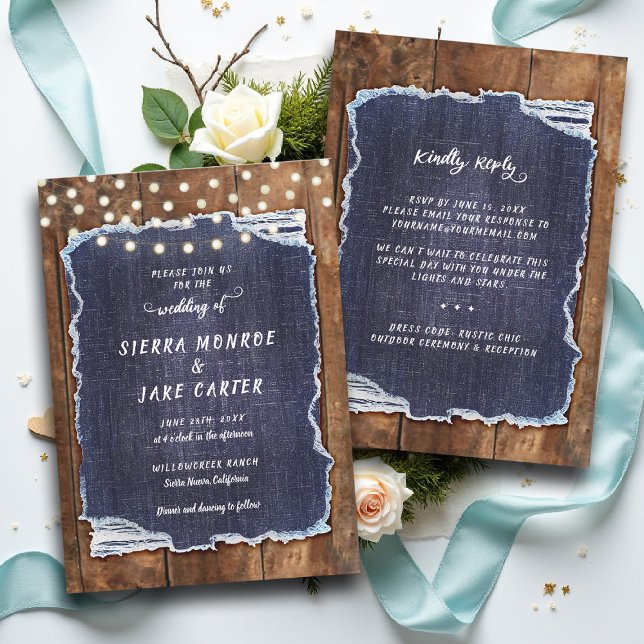 Invitation Rustic Denim Lights Country Cowboy RSVP Wedding (cowboy wedding invitation rsvp details country chic denim rustic barn lights backyard outdoors)