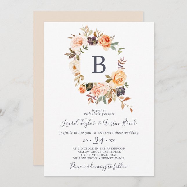 Invitation Rustic Earth Florals Monogramme Mariage (Devant / Derrière)