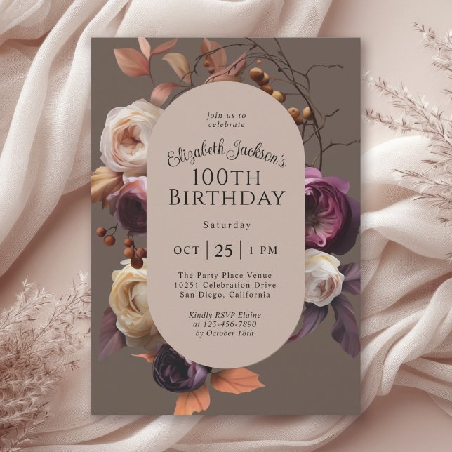 Invitation Rustic Elegant Automne Floral 100e fête d'annivers (Available in both printed and instant download digital formats.)
