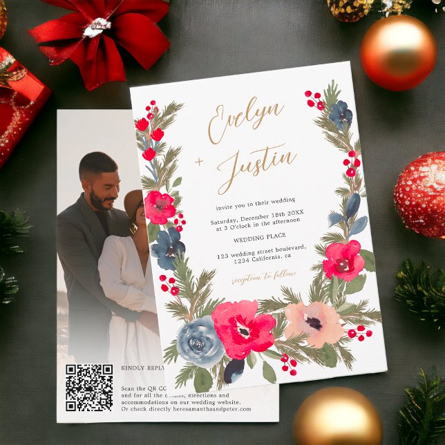 Invitation Rustic Elegant Winter Floral photo Qr code Mariage (Rustic Elegant Winter Floral photo Qr code Wedding Invitation)