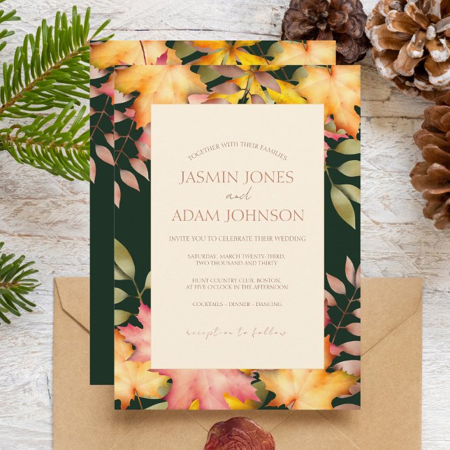 Invitation Rustic Emerald Green Automne Feuilles Mariage (Créateur téléchargé)