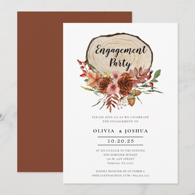 Invitation Rustic Engagement Party Automne Floral Bois Slice (Devant / Derrière)