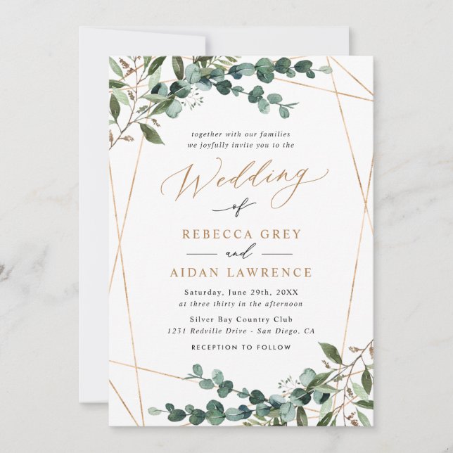 Invitation Rustic Eucalyptus Greenery Gold All-in-One Wedding (Devant)
