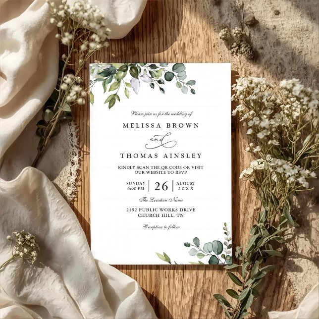 Invitation Rustic Eucalyptus Leaves Greenery QR Code Wedding (Créateur téléchargé)