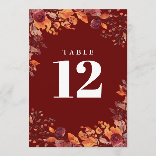 Invitation Rustic Fall Autumn Floral Burgundy Table Number (Devant)