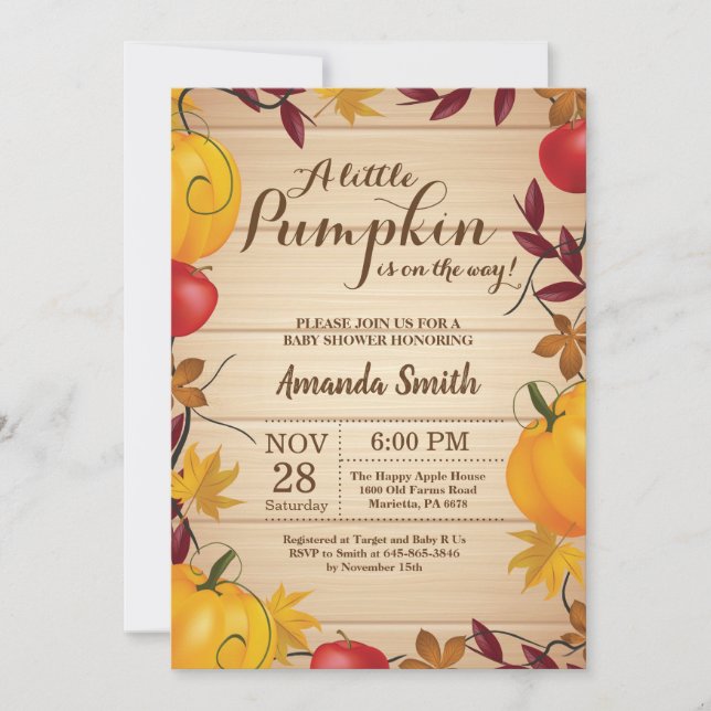 Invitation Rustic Fall Citrouille Baby shower  (Devant)