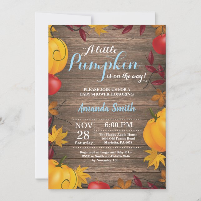 Invitation Rustic Fall Citrouille Boy Baby shower  (Devant)