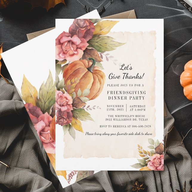 Invitation Rustic Fall Citrouille permet de rendre merci Frie (Fall Pumpkin Thanksgiving Floral Friendsgiving Dinner Party Invitation)