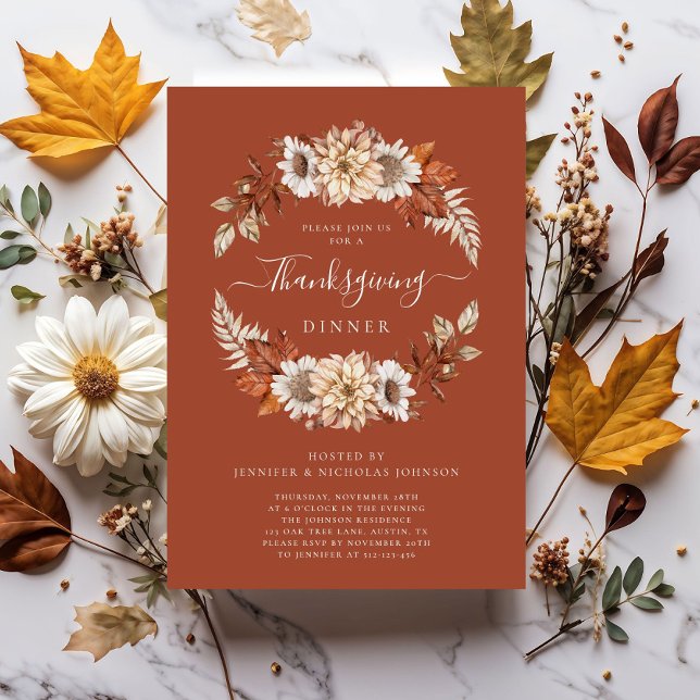 Invitation Rustic Fall Floral Feuilles Thanksgiving Dîner (Rustic Fall Floral Leaves Thanksgiving Dinner Invitation)