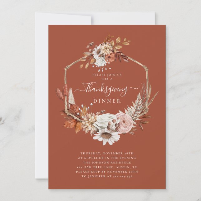 Invitation Rustic Fall Floral Feuilles Thanksgiving Dîner (Devant)