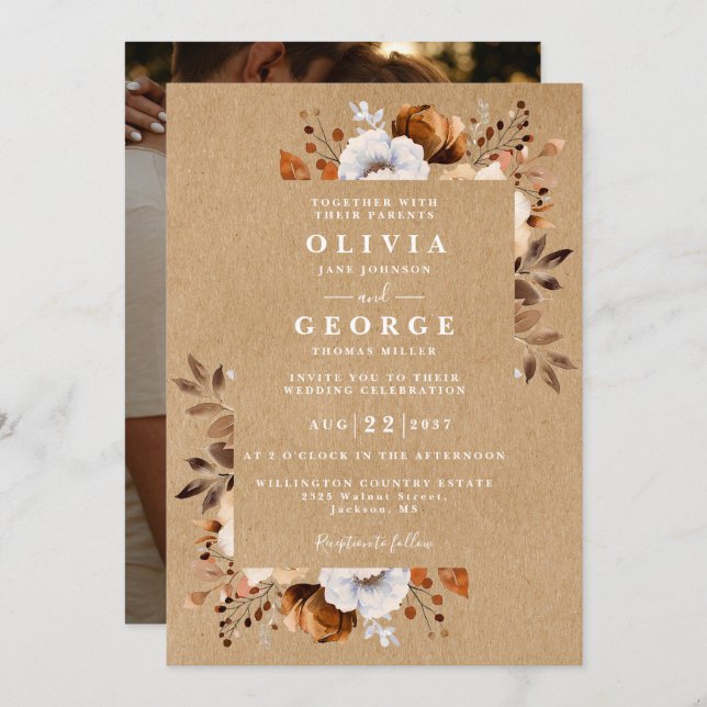 Invitation Rustic Fall Floral Photo Mariage (Devant / Derrière)