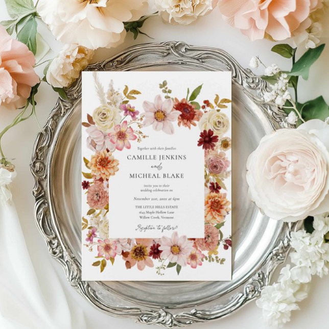 Invitation Rustic Fall Floral Photo Mariage (Boho Fall Floral Photo Wedding Invitation)