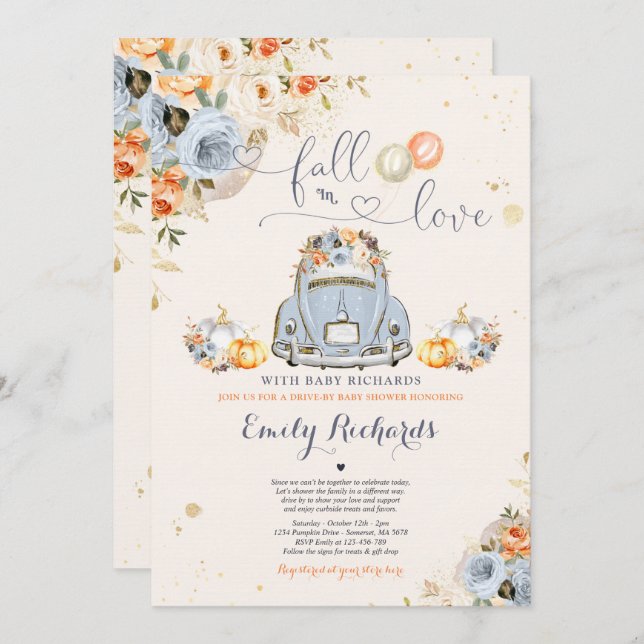 Invitation Rustic Fall In Love Citrouille Drive By Baby showe (Devant / Derrière)