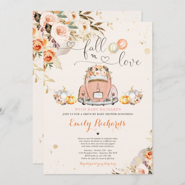 Invitation Rustic Fall In Love Citrouille Drive By Baby showe (Devant / Derrière)
