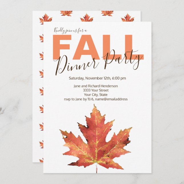 Invitation Rustic Fall Leaf Diner Party (Devant / Derrière)