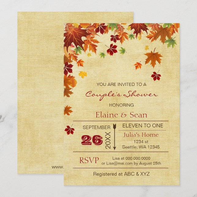 Invitation Rustic Fall Leaves Fête des mariées (Devant / Derrière)