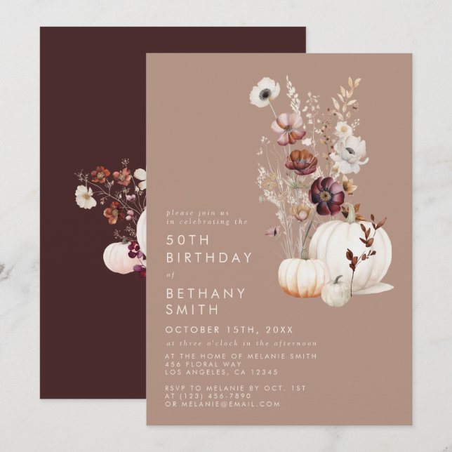 Invitation Rustic Fall Taupe Floral Citrouille fête d'anniver (Devant / Derrière)