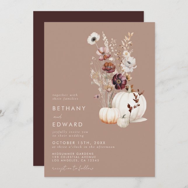 Invitation Rustic Fall Taupe Floral Citrouille Mariage (Devant / Derrière)