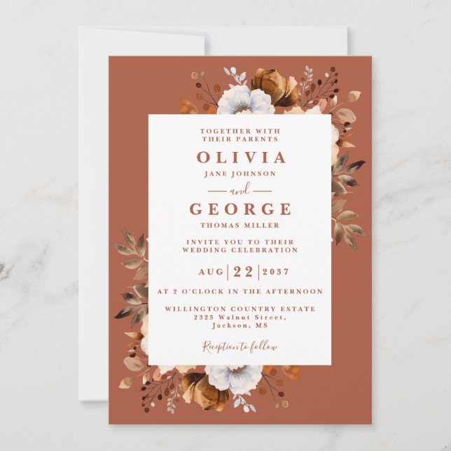 Invitation Rustic Fall Terracotta Floral Moderne Mariage (Devant)