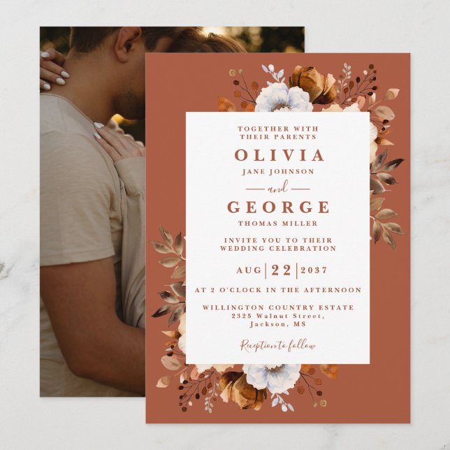 Invitation Rustic Fall Terracotta Moderne Floral Photo Mariag (Devant / Derrière)