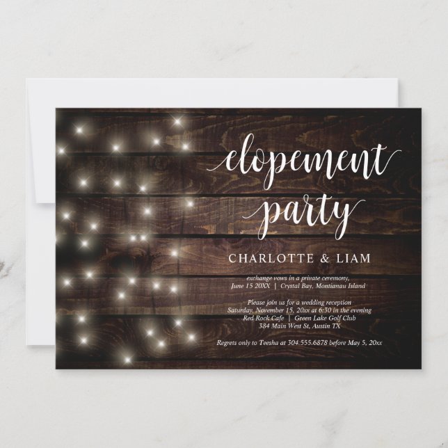 Invitation Rustic Farm String Light, Mariage Elopement Party (Devant)