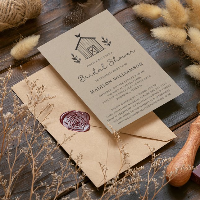 Invitation Rustic Farmhouse Barn Script QR code Fête des mari (Créateur téléchargé)